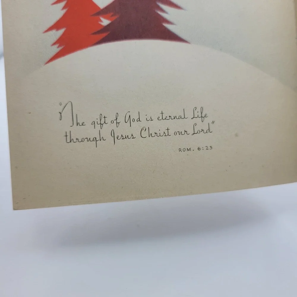 Vintage Merry Christmas Card, Glitter Trees‎ Cottage USA Made Religious Verse